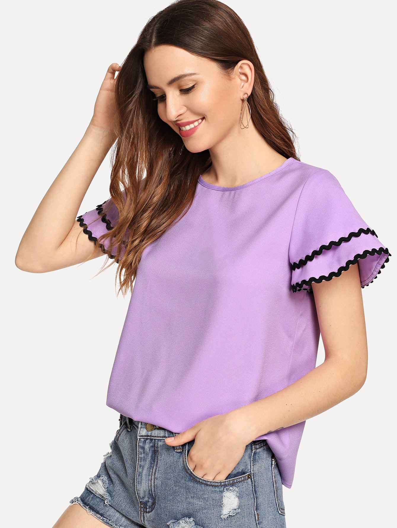 Контрастная волна Кружева Trim Layered Ruffle Sleeve Top