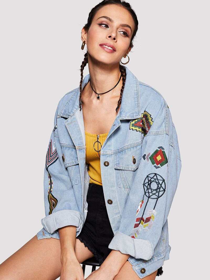 Jacket Regular Cartoon Spring Embroidered Denim Fit Blue qHUFC