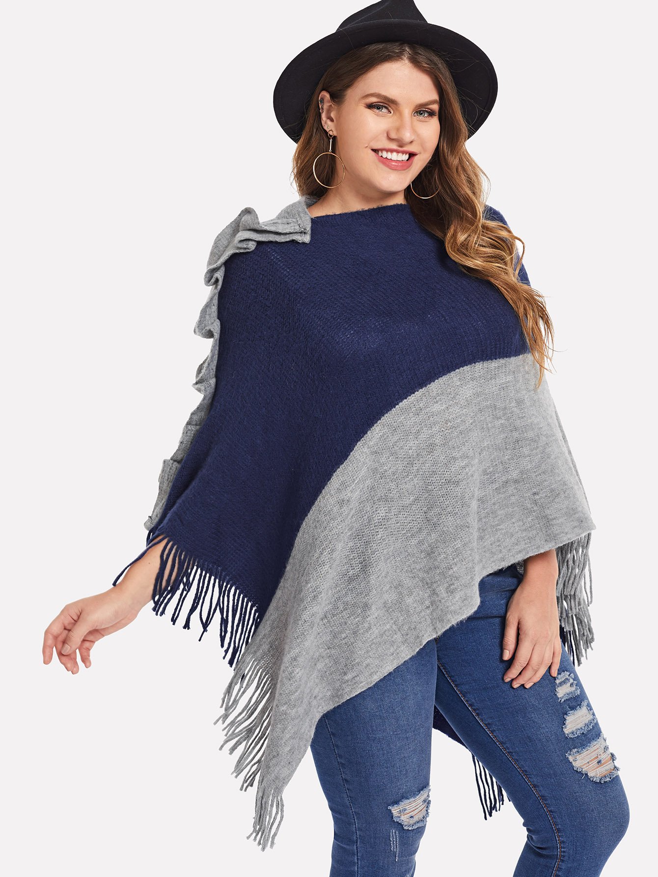 Плюс размеры контрастный шаль пончо с кисточками