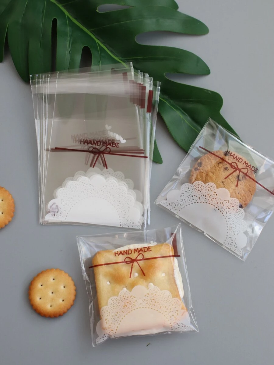 100pcs Biscuit Self-Sealing Bag, Lace & Bow Print Packaging Bag