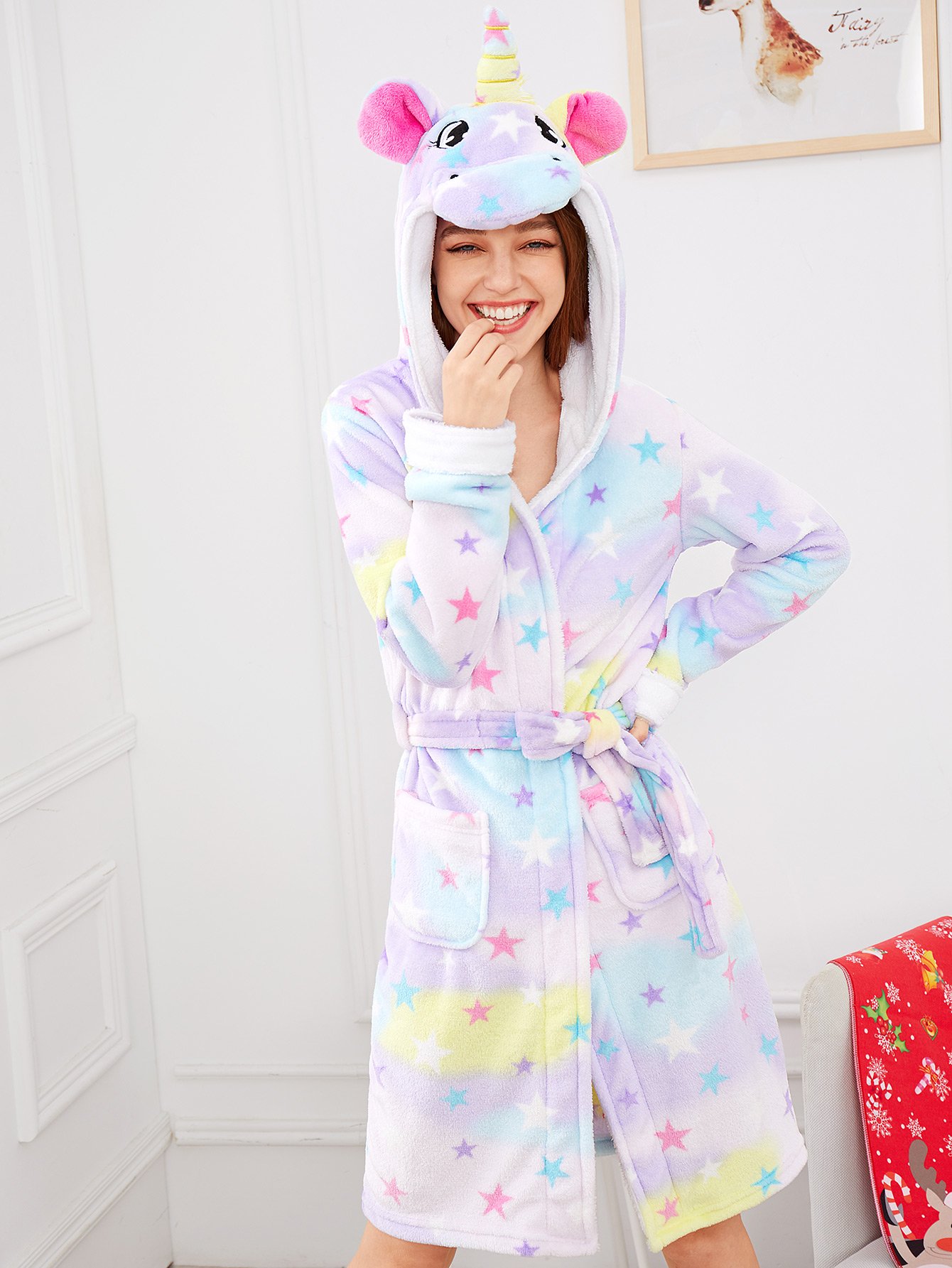 Домашний халат с капюшоном и принтом звёзд в форме единорога