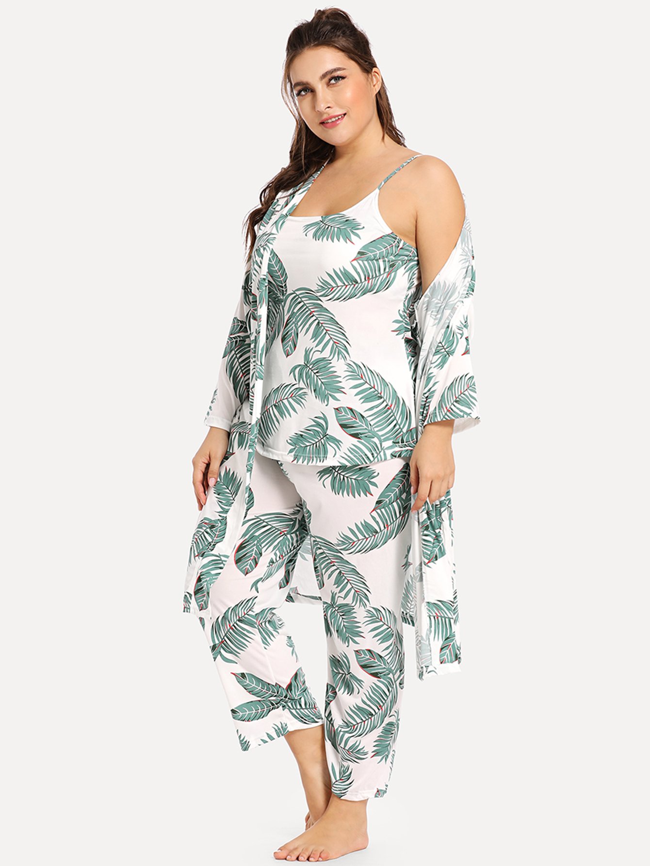 Комплект пижамы на бретелях с принтом пальмовых листьев и домашний халат