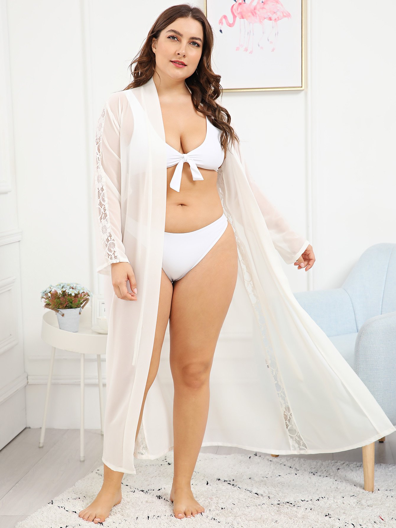 Большой длинный прозрачный домашний халат с поясом и кружевами