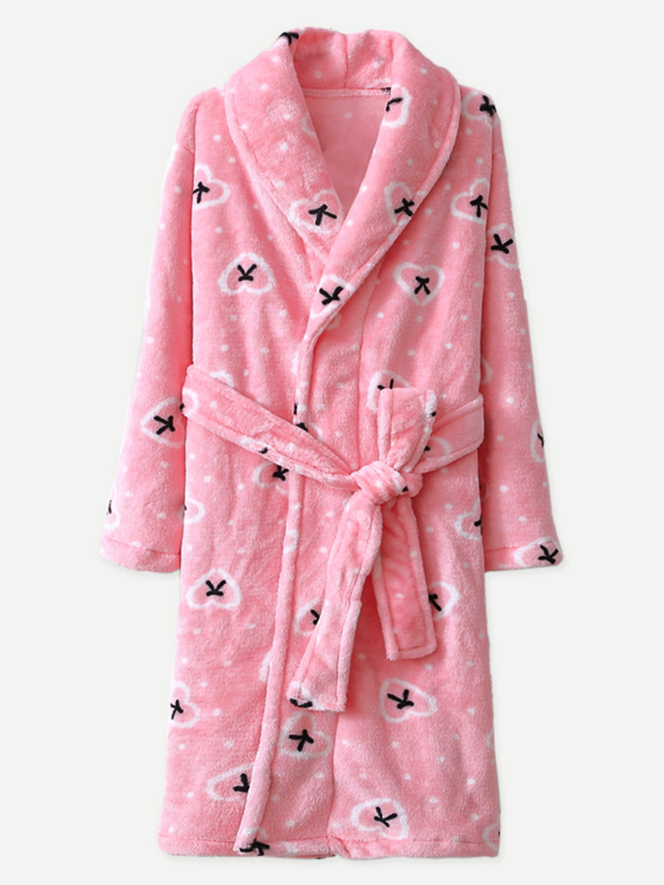 Домашний халат с капюшоном и поясом и принтом сердцей