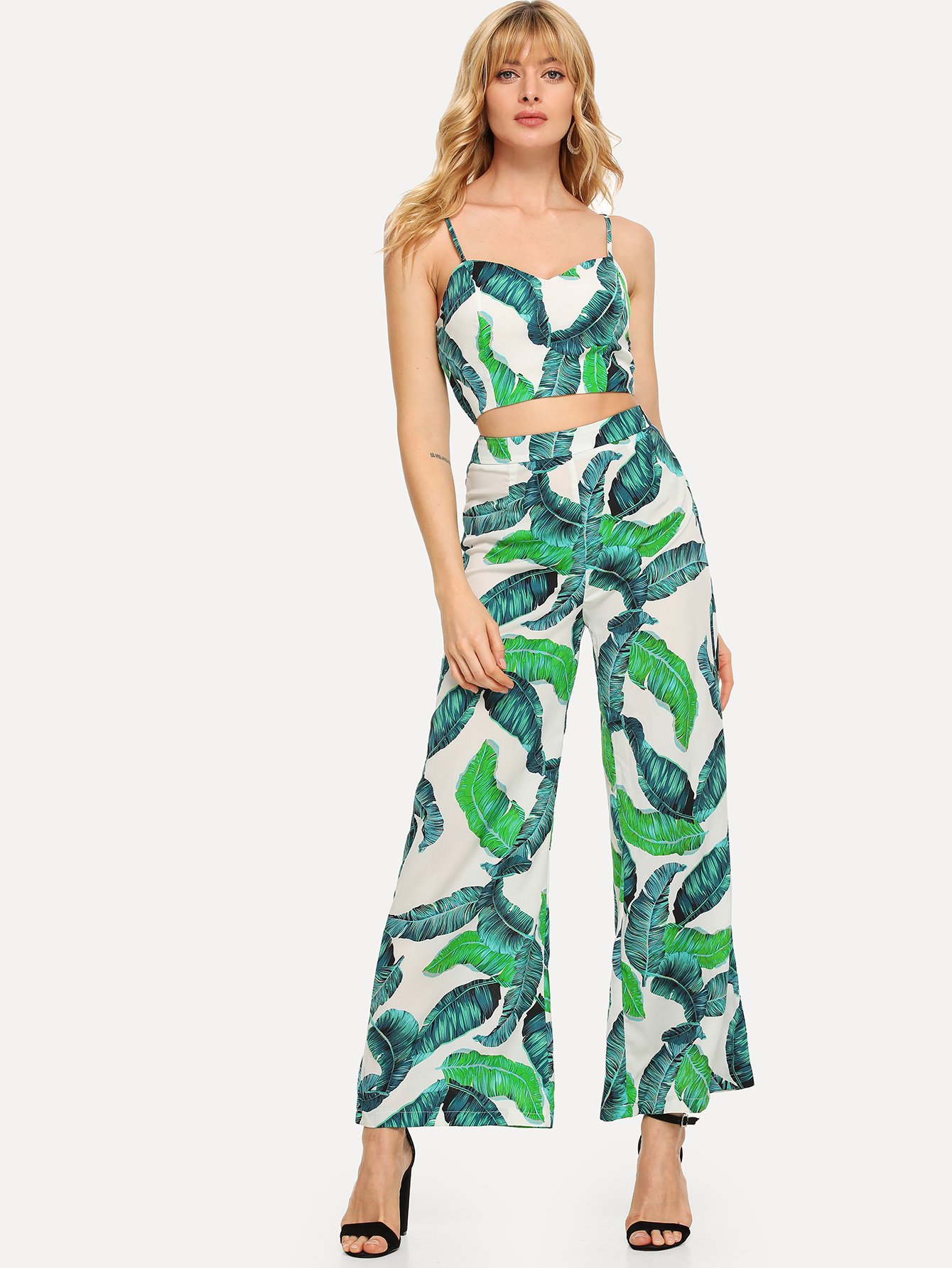 Джунгли Leaf Print Cami Top и широкие штаны для ног