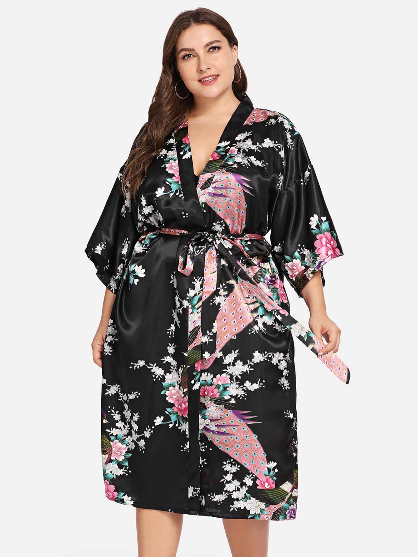 Большой ситцевый домашний халат с принтом павлина