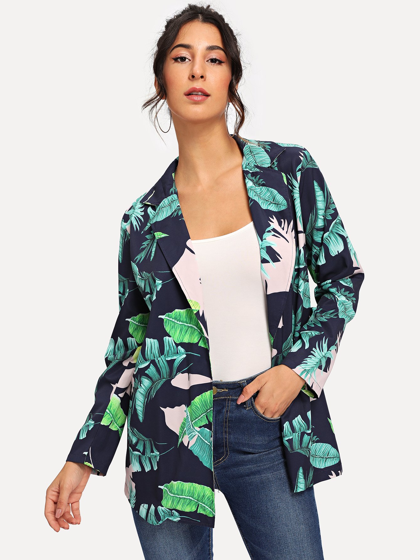 Жакет с рисунками тропических листьев и с воротником