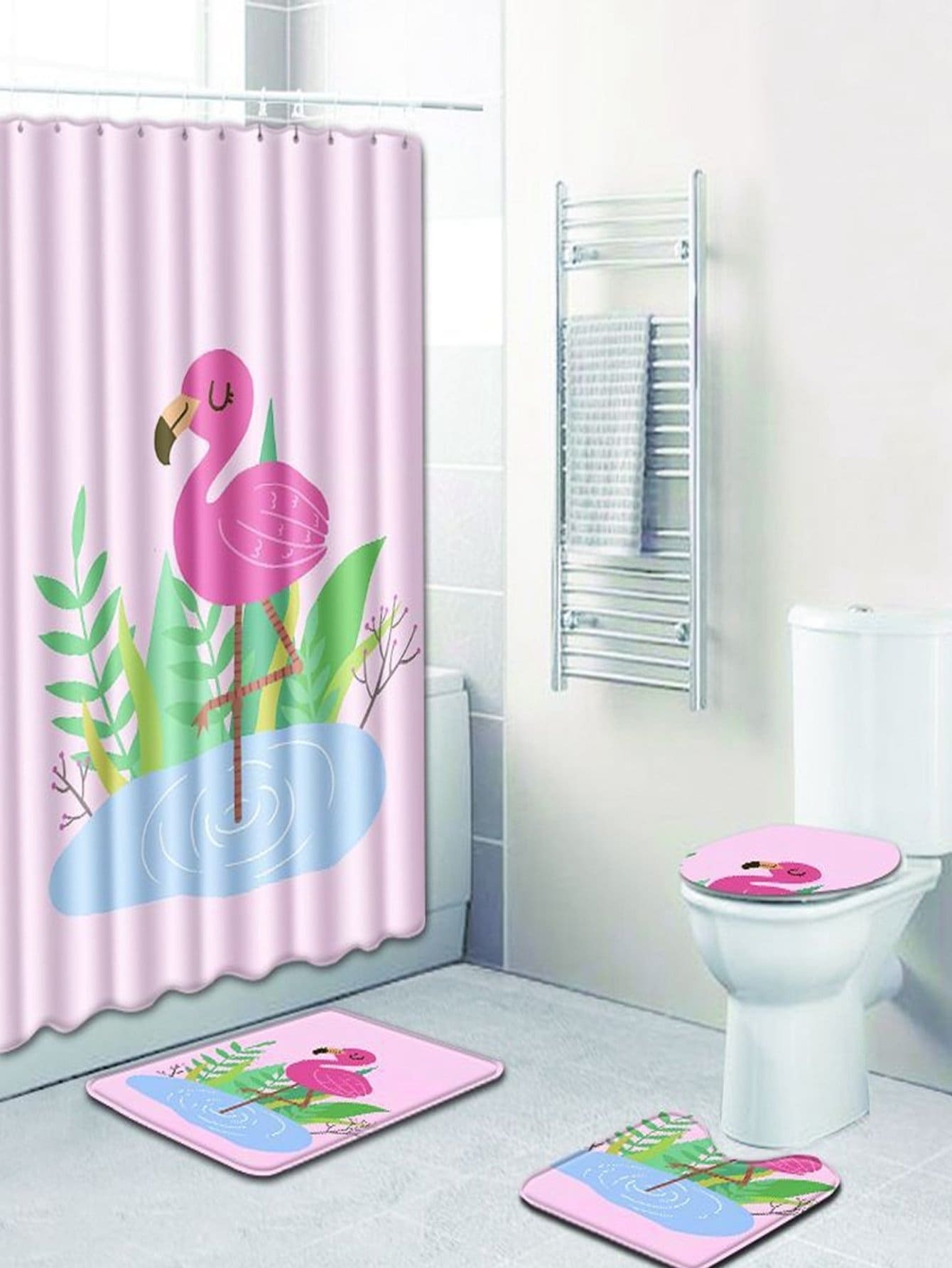 Фламинго 12 крючков Занавес для душа и ковер 3шт.