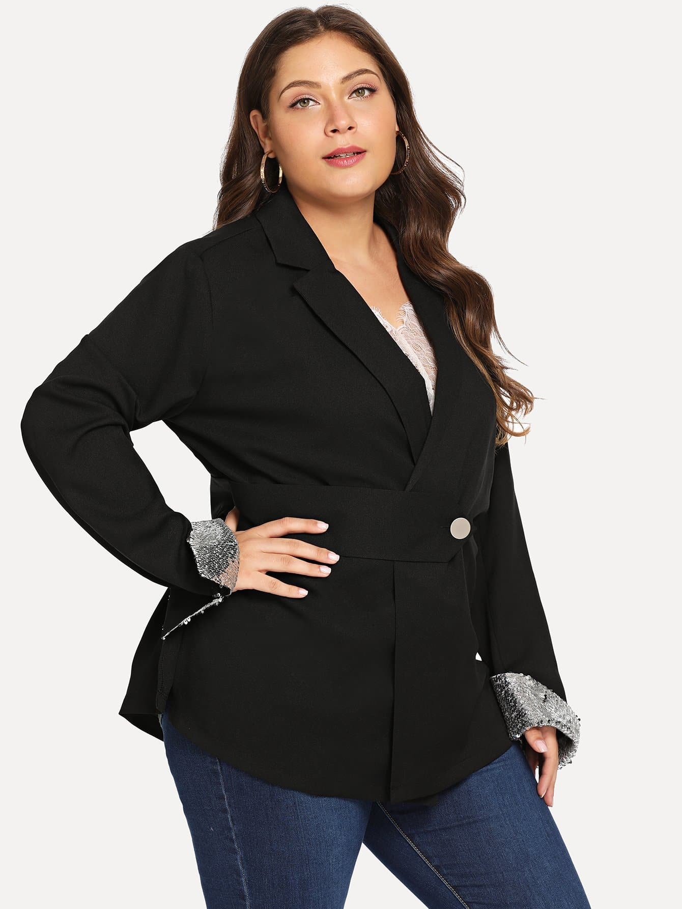 Размера плюс контрастный жакет пайетки