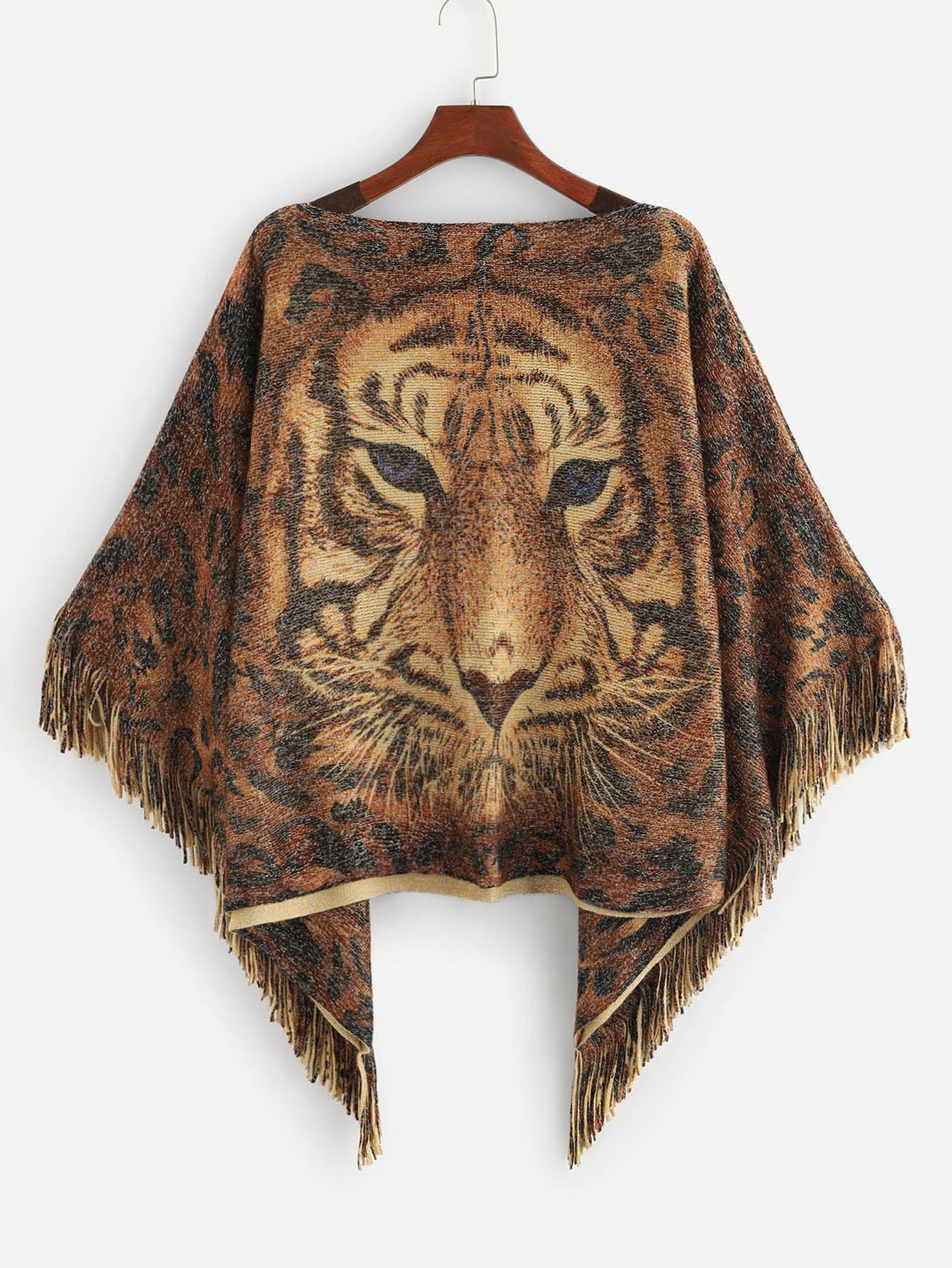 Свитер пончо с отделкой помпона и принтом тигра