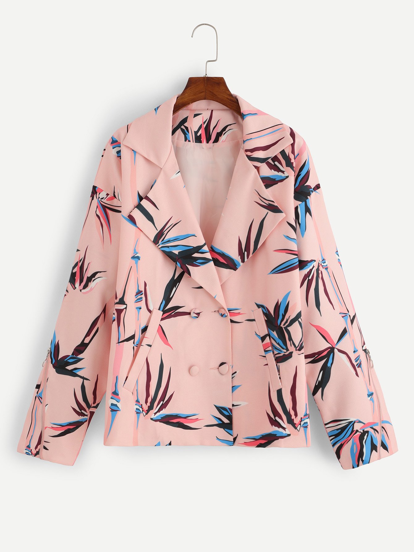 Размера плюс двубортный жакет с принтом листьев
