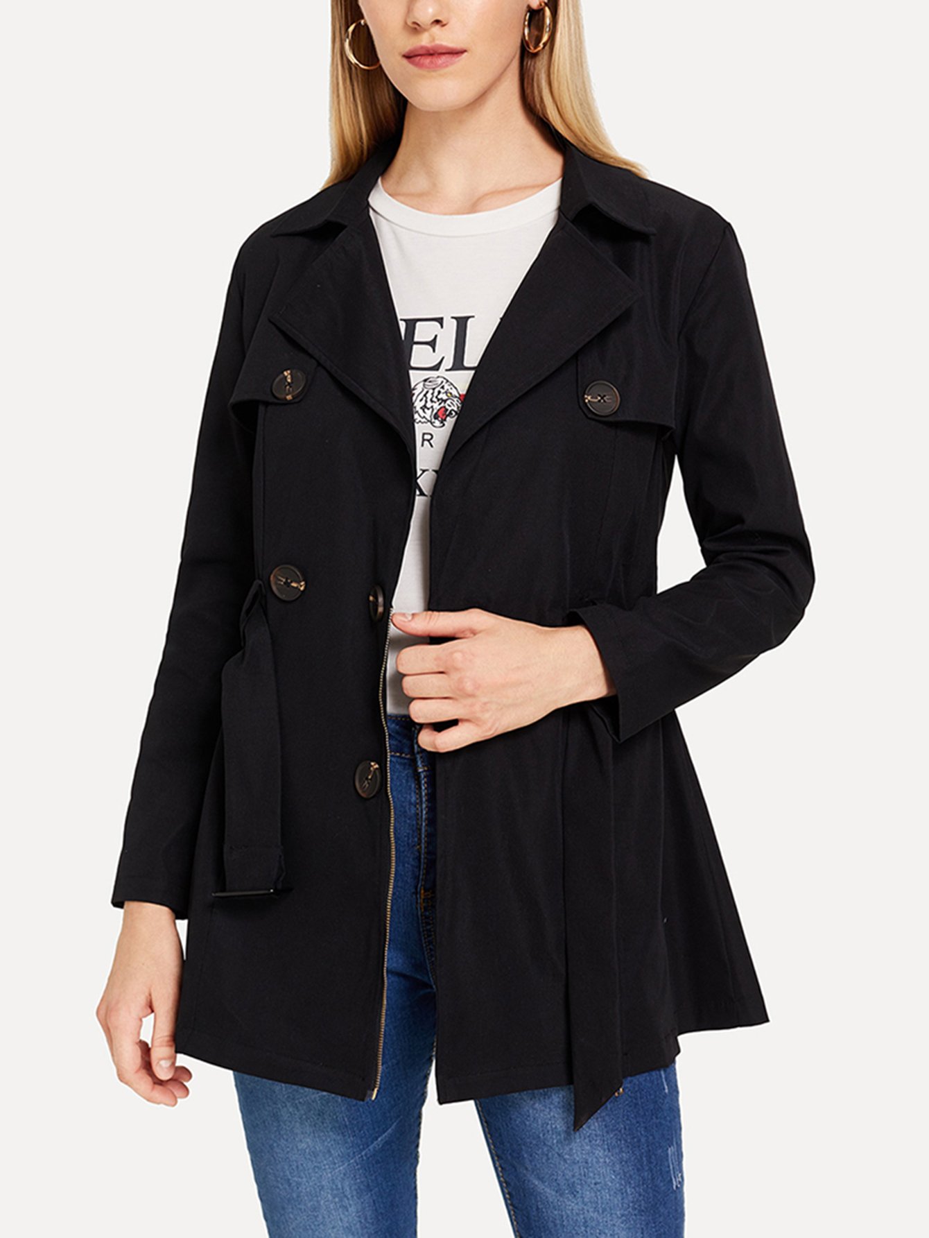 Узел переднего ребер Вязаный полосатый тройник Пальто SheIn