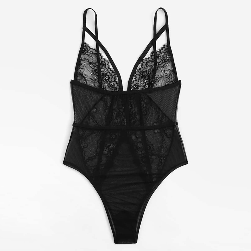 Lace & Mesh Halter Teddy Bodysuit, Black 
Lace & Mesh Halter Teddy Bodysuit, Black