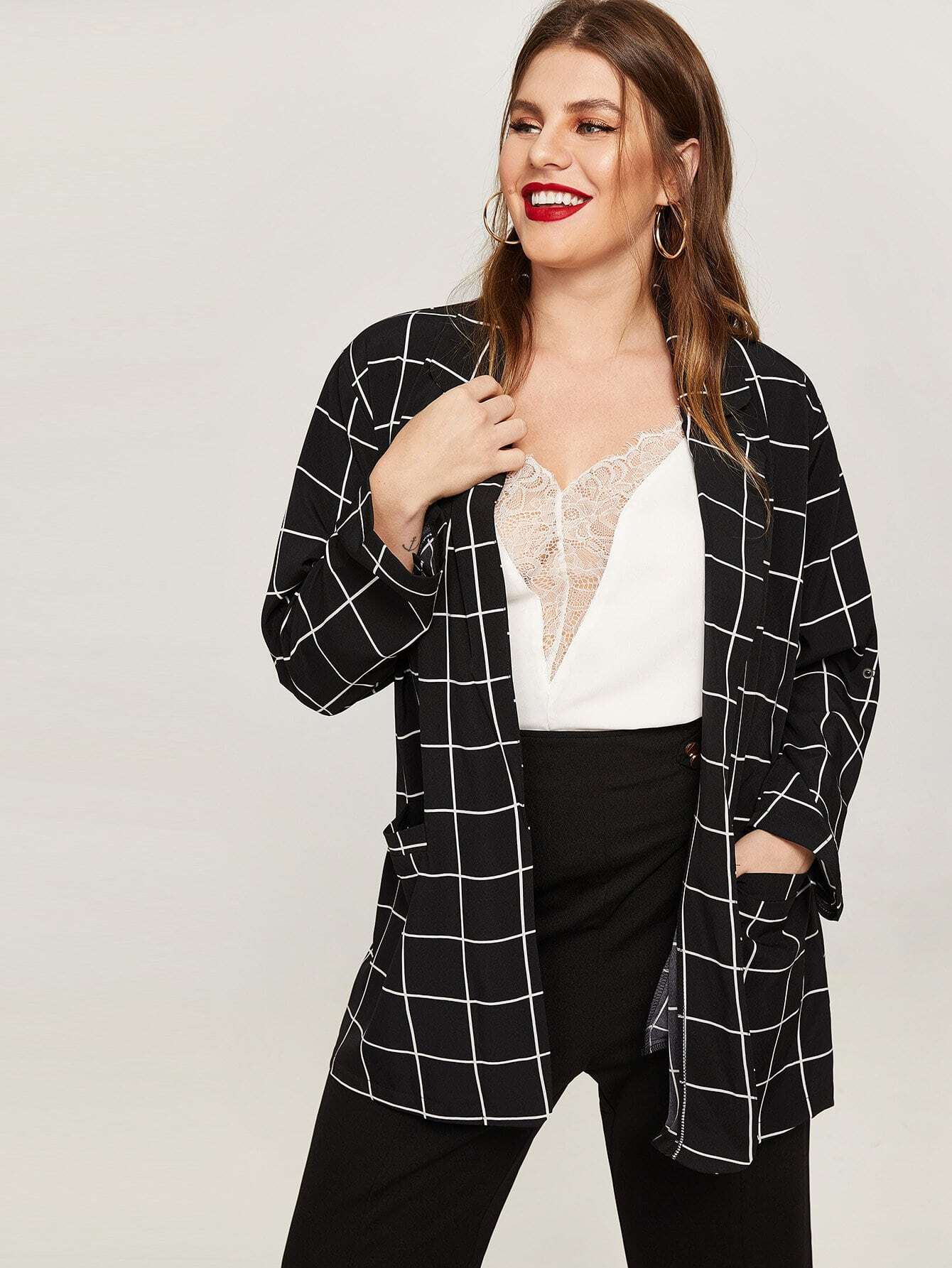 Размера плюс жакет в клетку с карманом