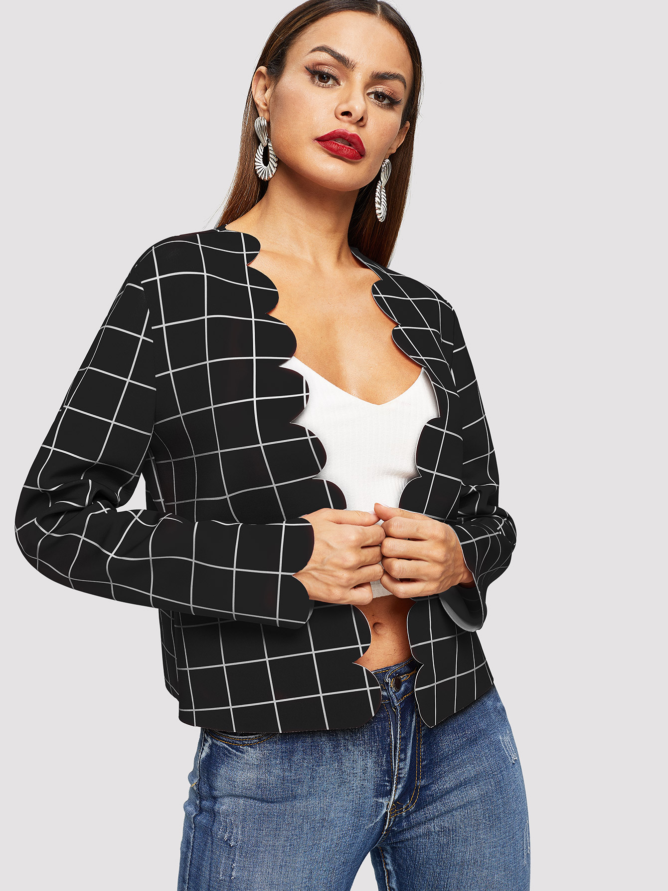 Жакет в клетку с веерообразной отделкой