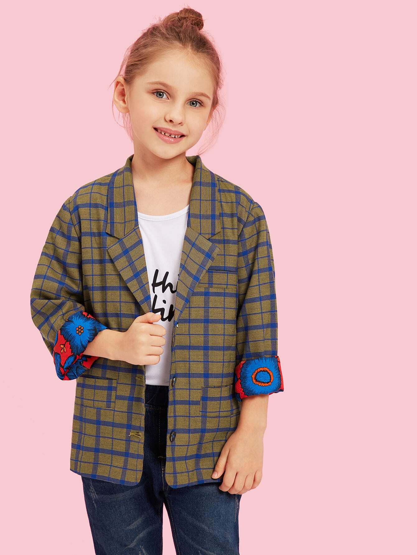 Жакет в клетку с зубчатым воротником для маленьких девочек