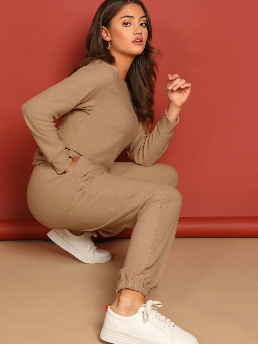 SHEIN Sweat-shirt unicolore & Pantalon avec poches