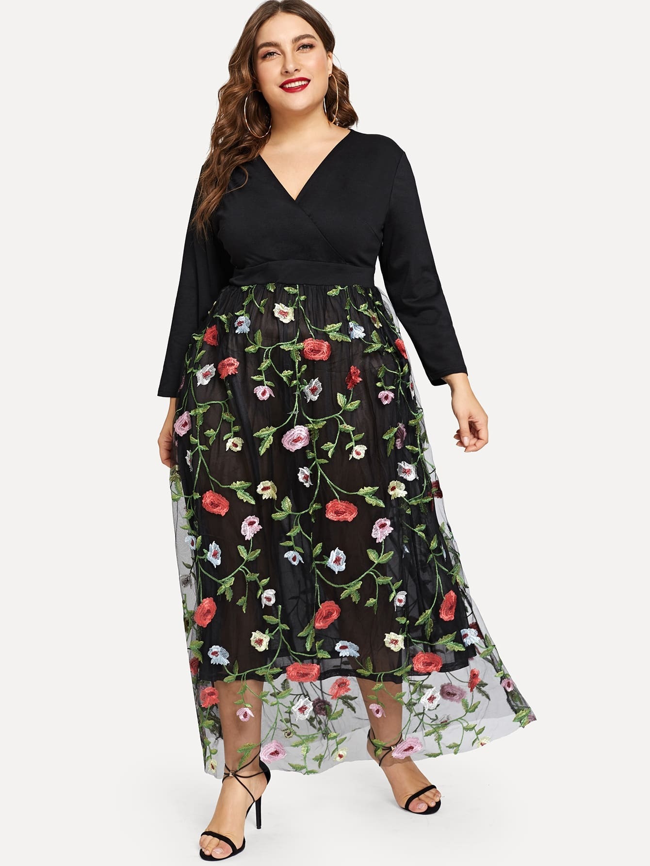 Plus Floral Embroidered Mesh Panel Dress