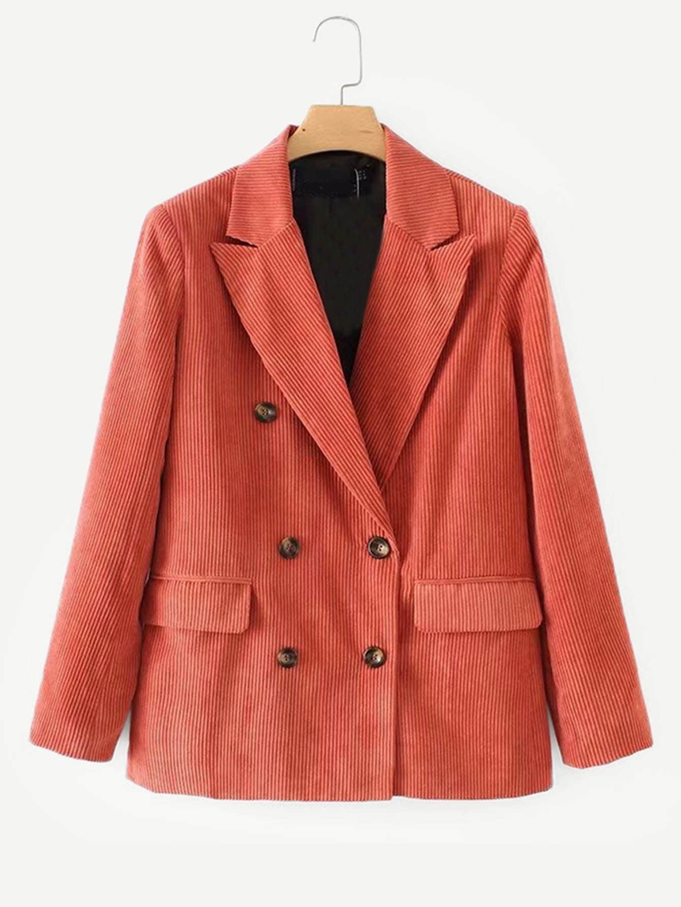 Двубортный вельветовый однотонный жакет