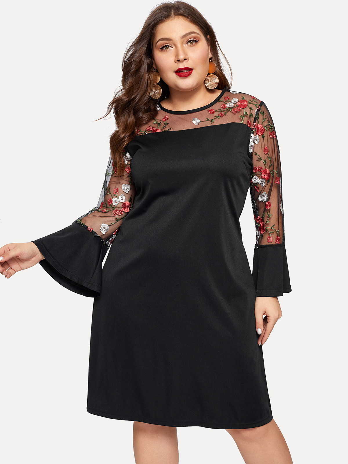 Plus Floral Embroidered Mesh Panel Dress