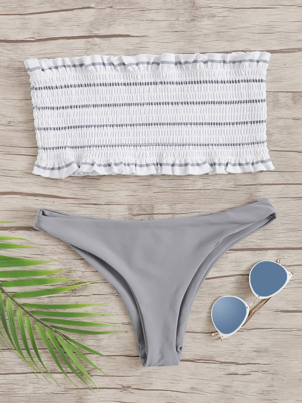 Shein Set De Bikini Bandeau Fruncido Ribete Fruncido Al Azar Moda De