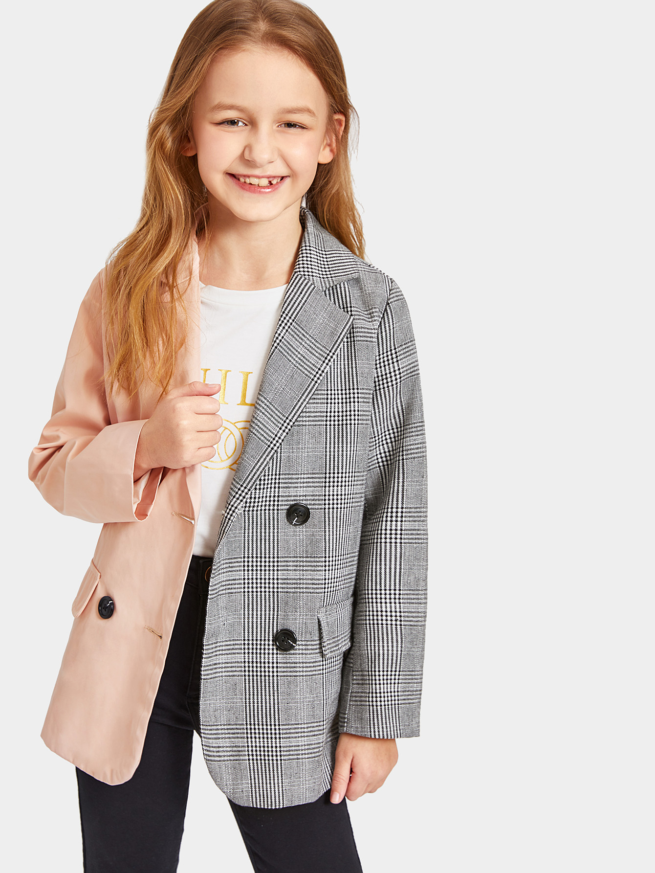 Контрастный двубортный  жакет с зубчатым воротником для девочек
