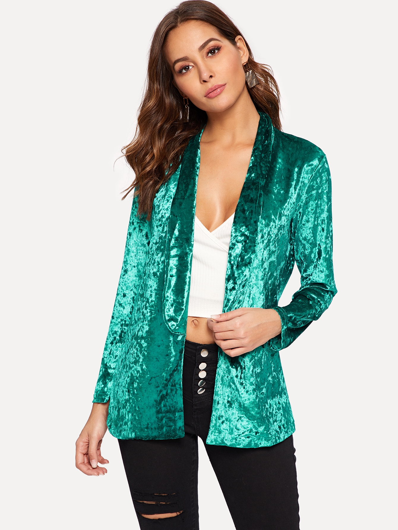 Однотонный бархатный жакет с шалевым воротником