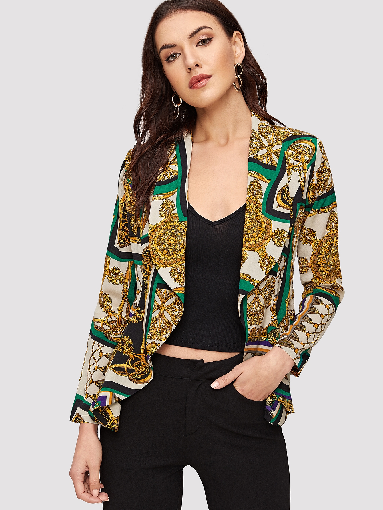 Жакет с шалевым воротником и графическим принтом