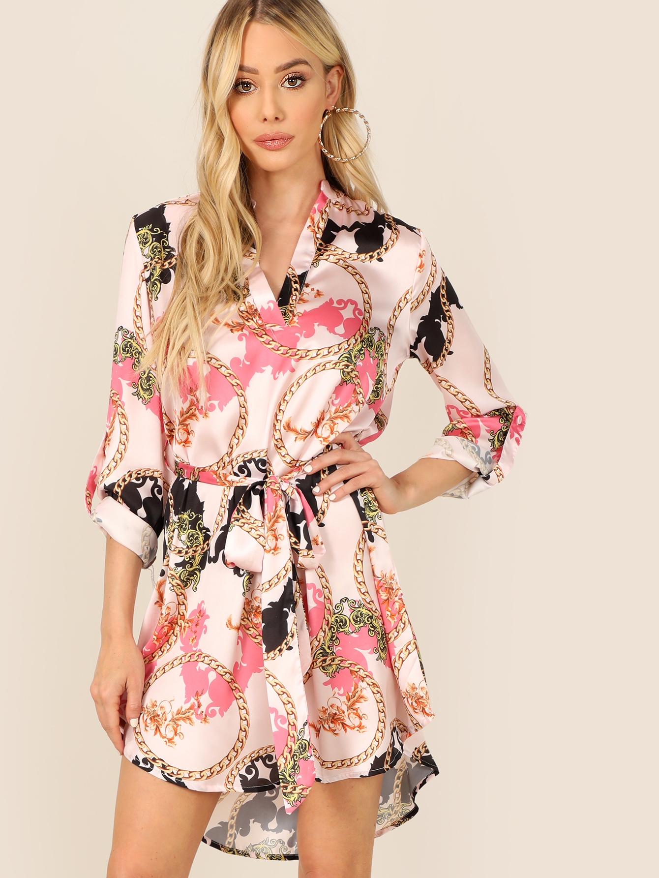 Chain Print Roll Tab Sleeve Dip Hem Dress