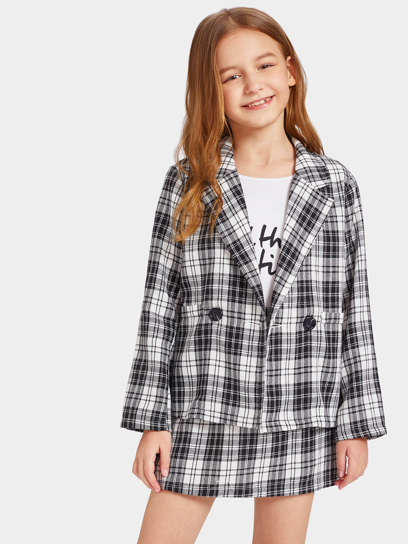 Жакет в клетку с разрезом на воротнике и юбка комплект для девочек