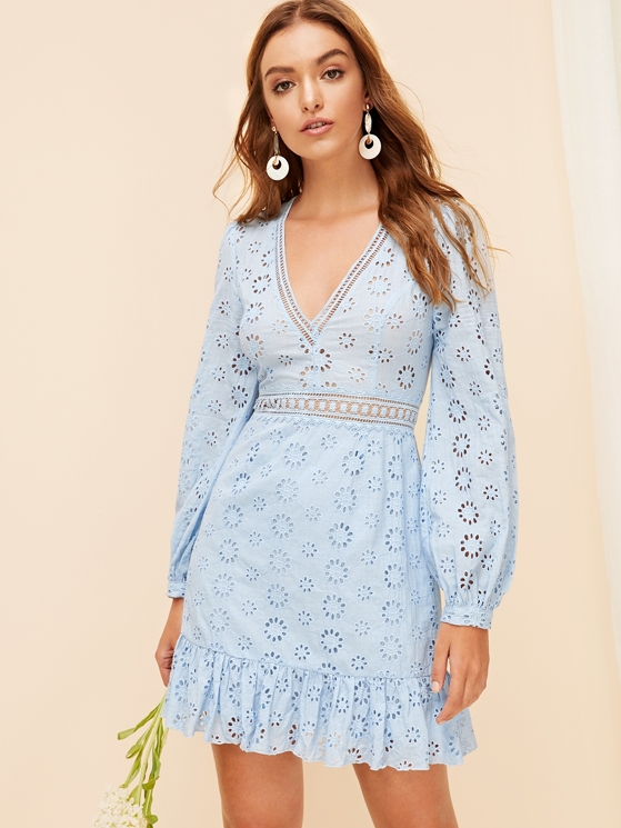 Lace V-Neck Eyelet Dress Yellow