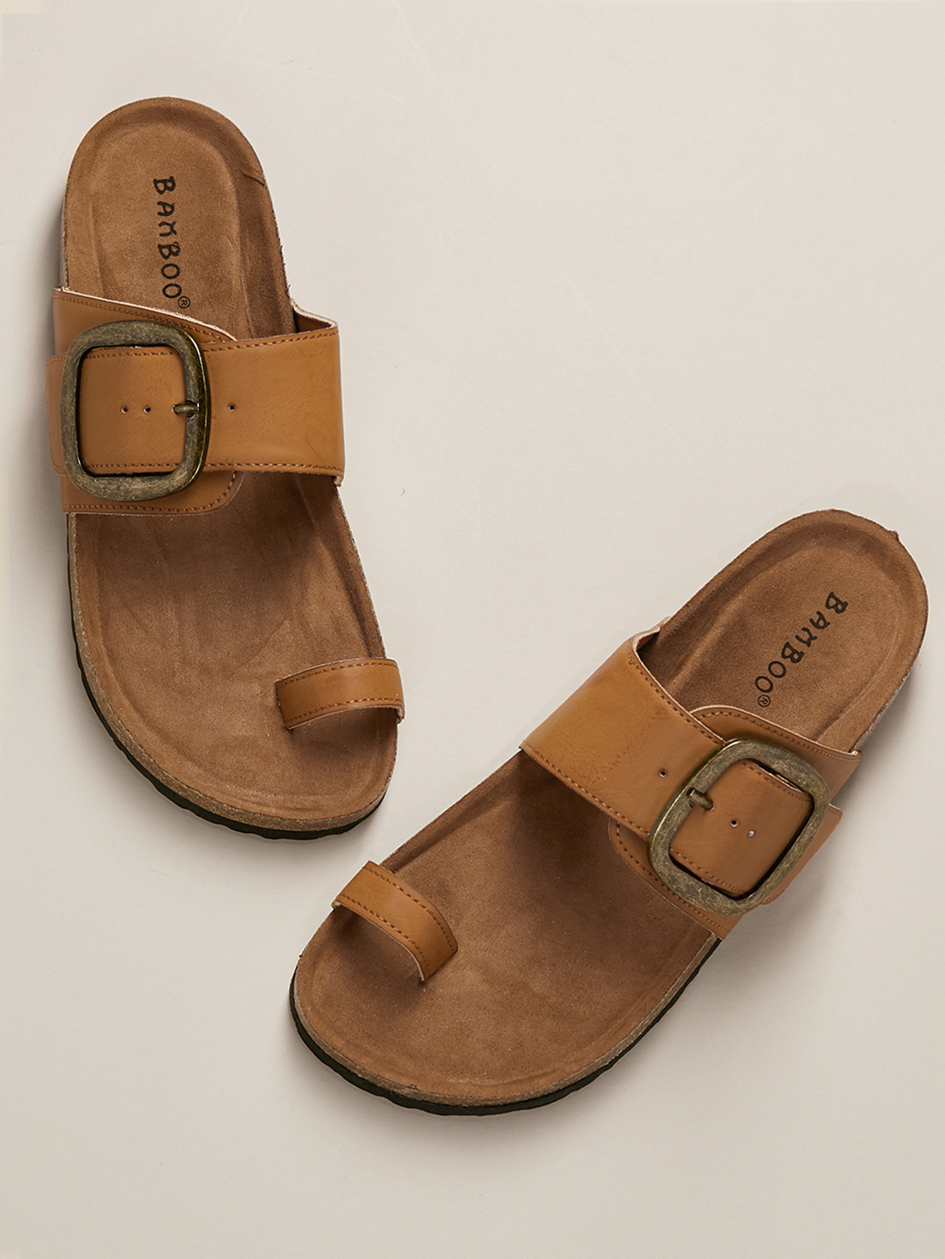 Toe Loop Buckle Accent Cork Sole Slide Sandals Toe Loop Buckle Accent Cork Sole Slide Sandals