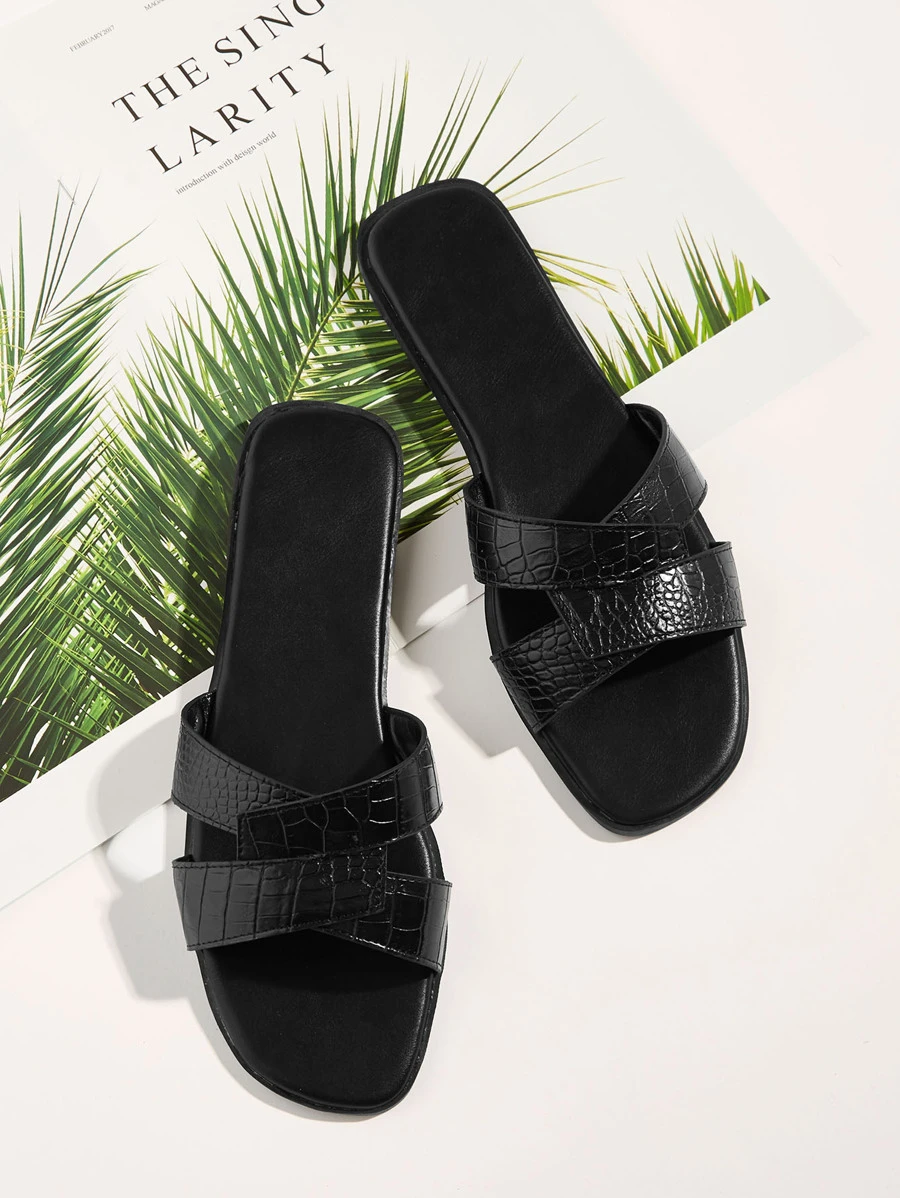 Crocodile Pattern Flat Slippers, Black Elegant Alligator Pattern Women's Flat Roman Sandals