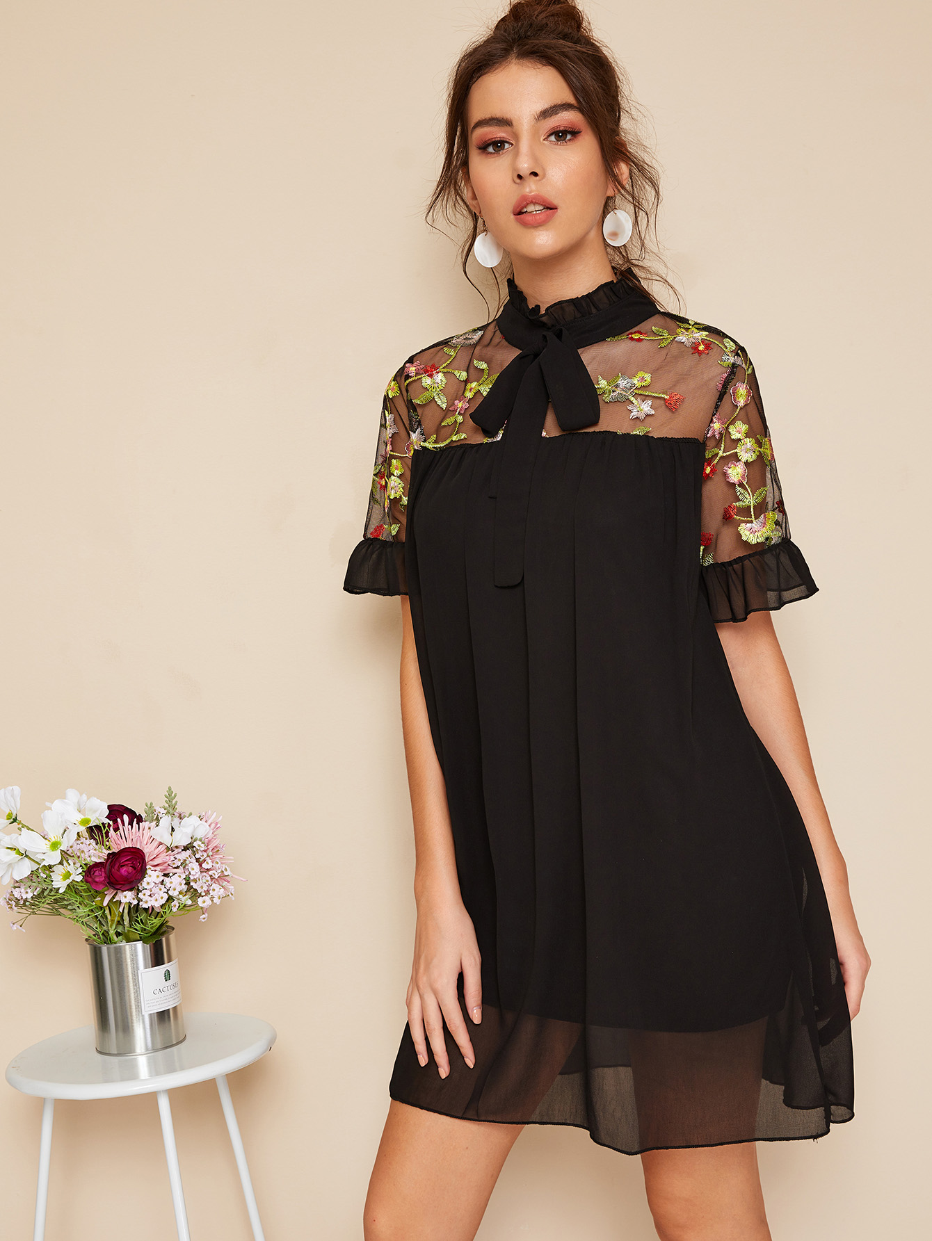 Embroidery Mesh Panel Tie Neck Dress