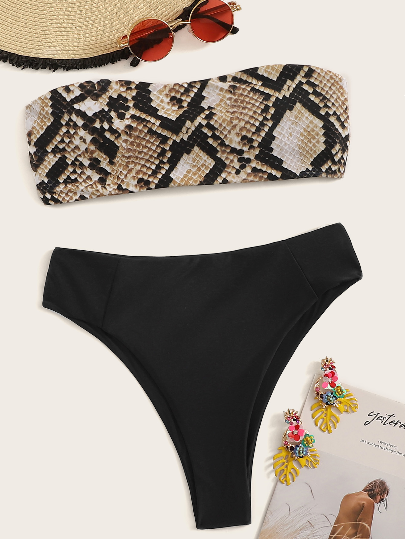 Snakeskin Bandeau With High Waist Bikini Set