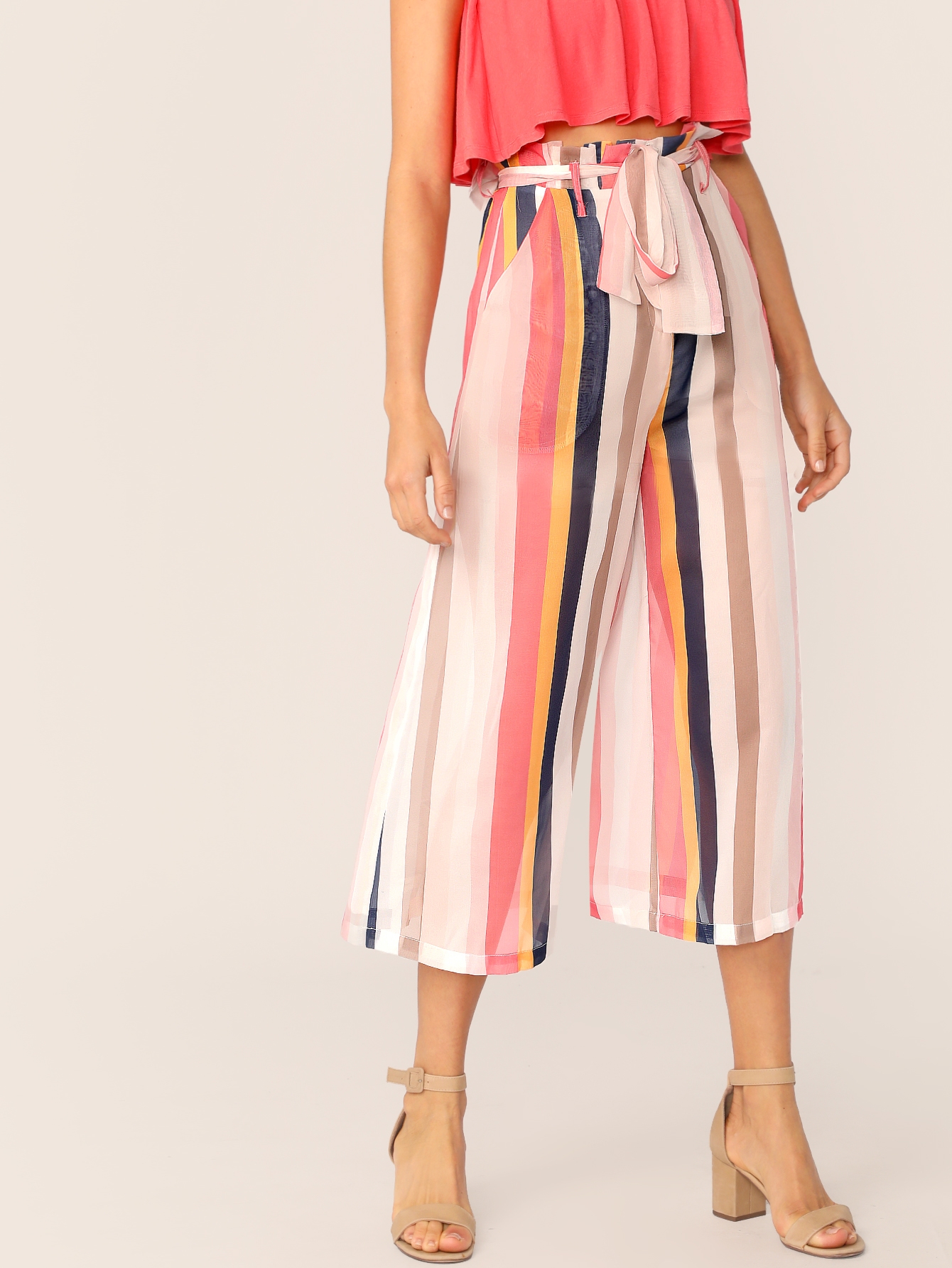 Paperbag Waist Slant Pocket Striped Culottes Pants