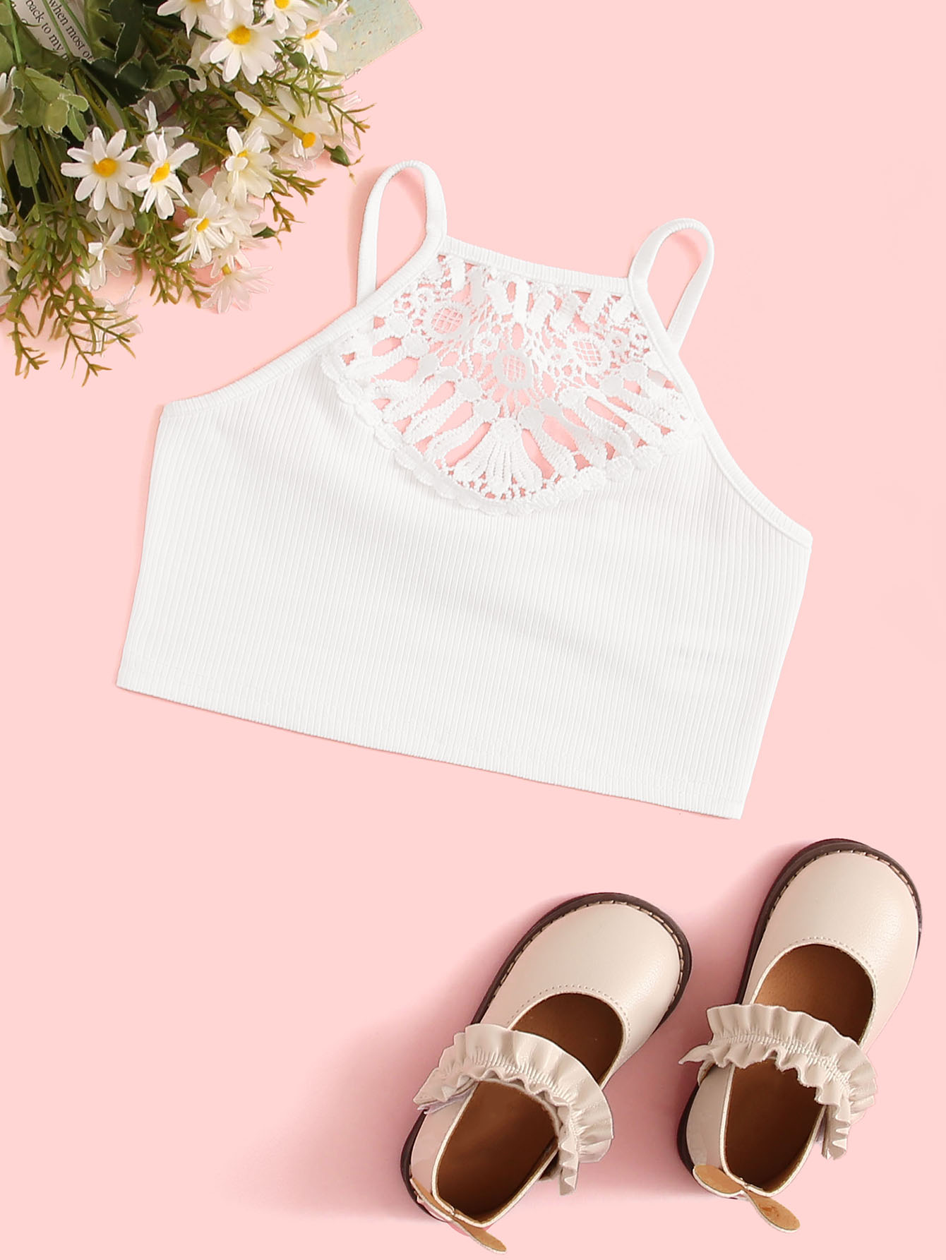 Girls Lace Insert Rib-knit Cami Top