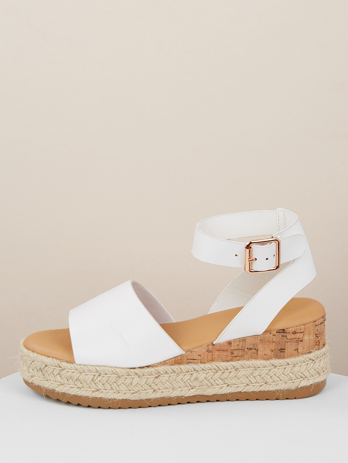 Single Band Buckled Ankle Jute Low Wedge Sandals