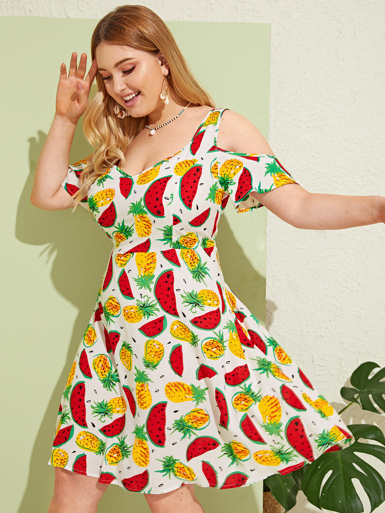 Plus Cold Shoulder Fruit Print Dress