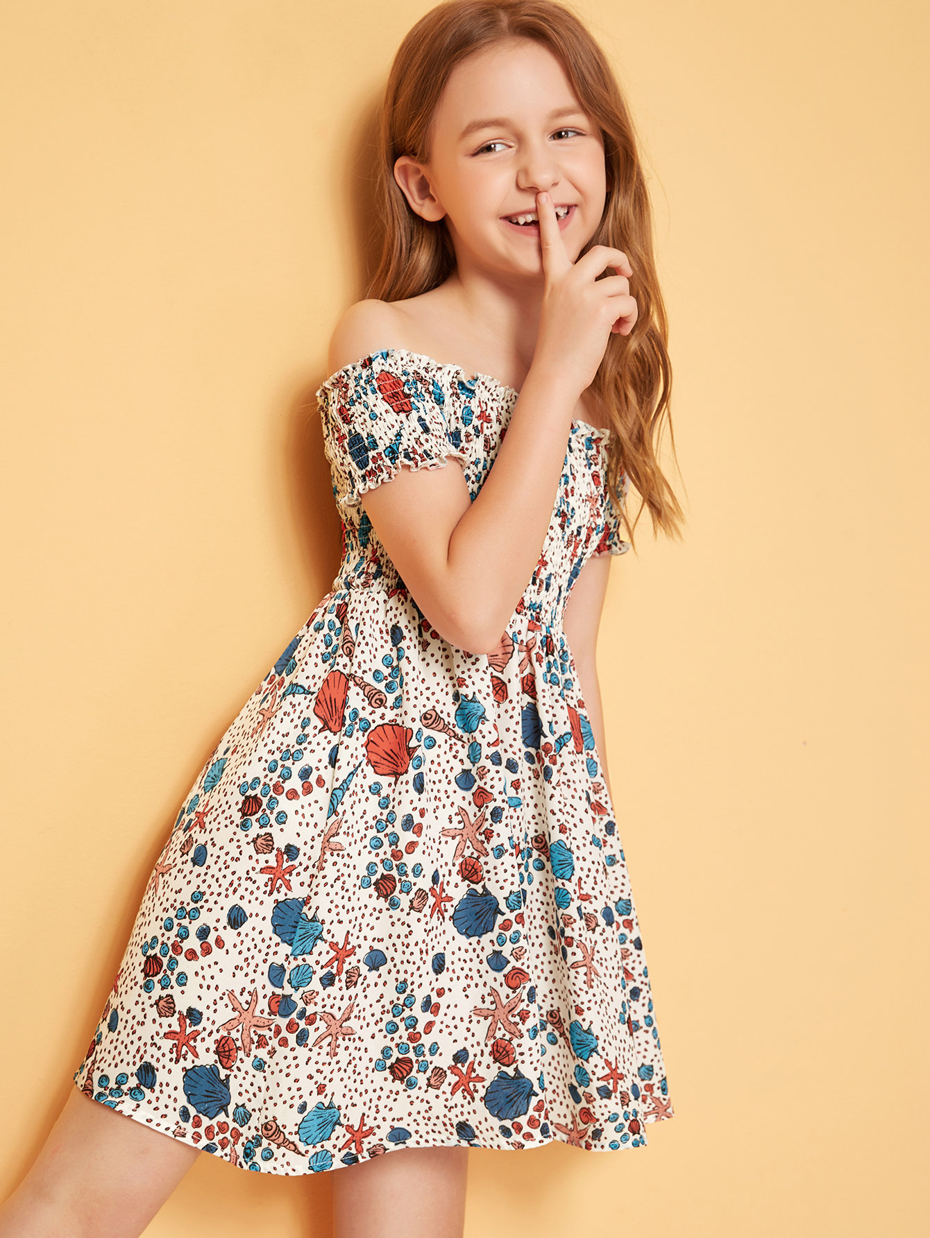 Girls Off Shoulder Starfish & Shell Print Shirred Dress