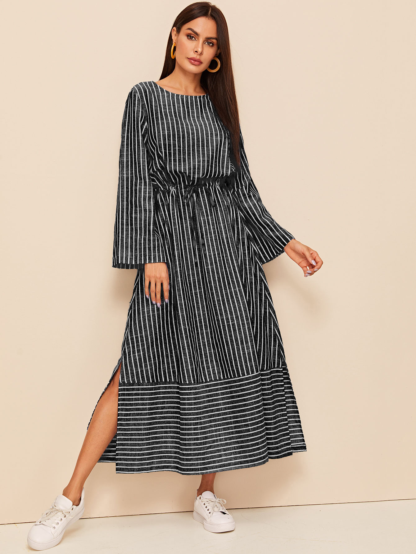 M-slit Hem Drawstring Waist Striped Dress
