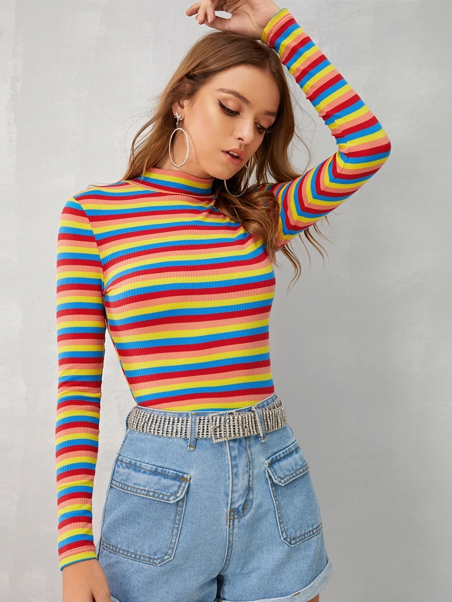 SHEIN EZwear Mock-neck Rib-knit Striped Tee