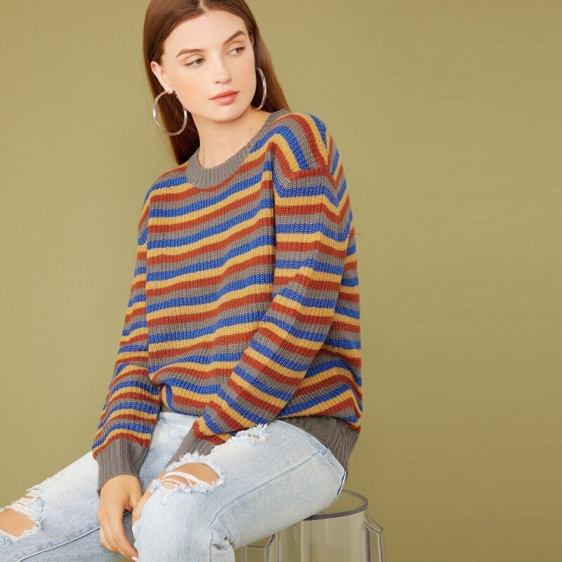 Drop Shoulder Striped Sweater, Multicolor 
Drop Shoulder Striped Sweater, Multicolor