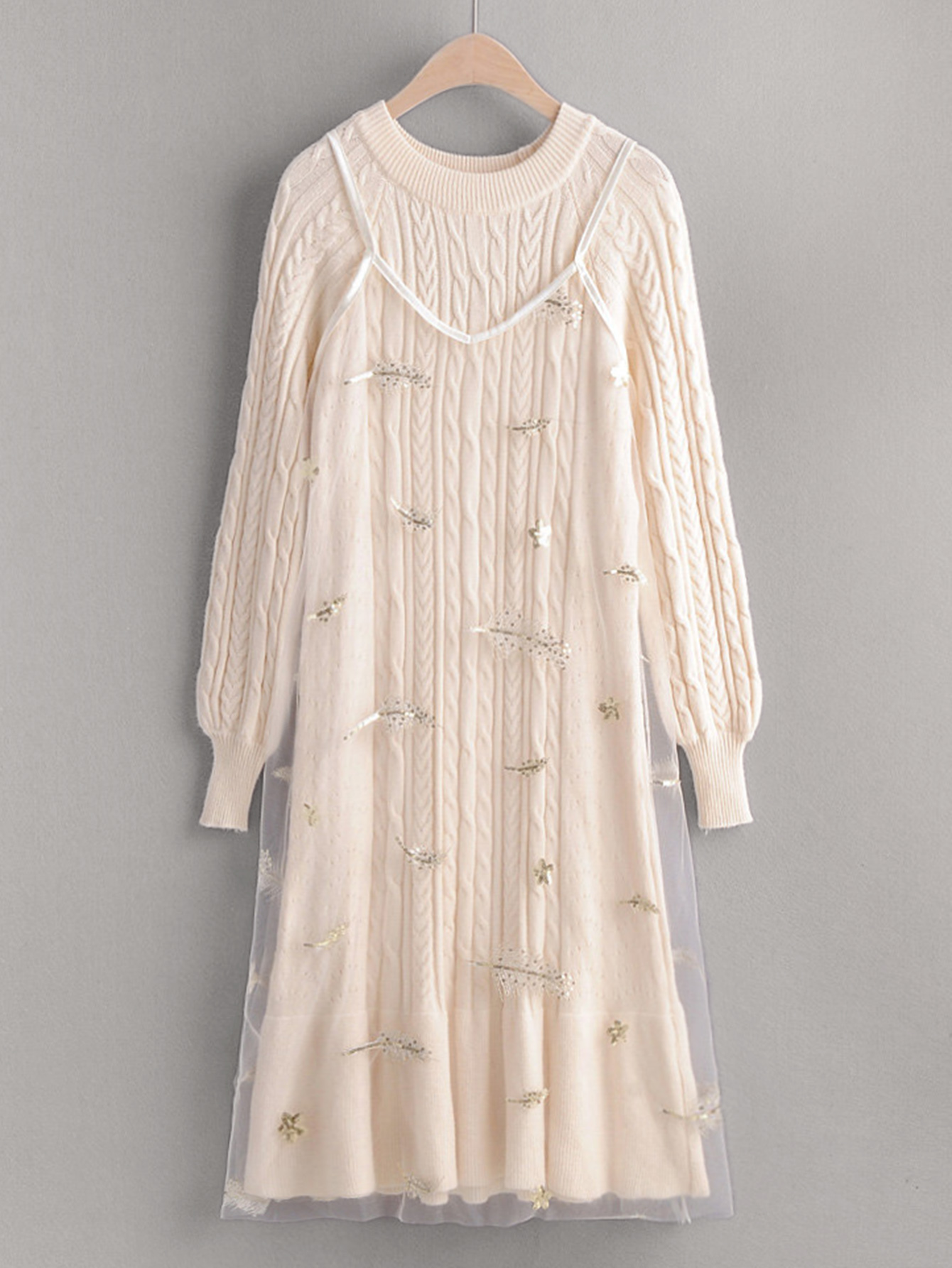 Raglan Sleeve Sweater Dress With Embroidered Mesh Cami Dress