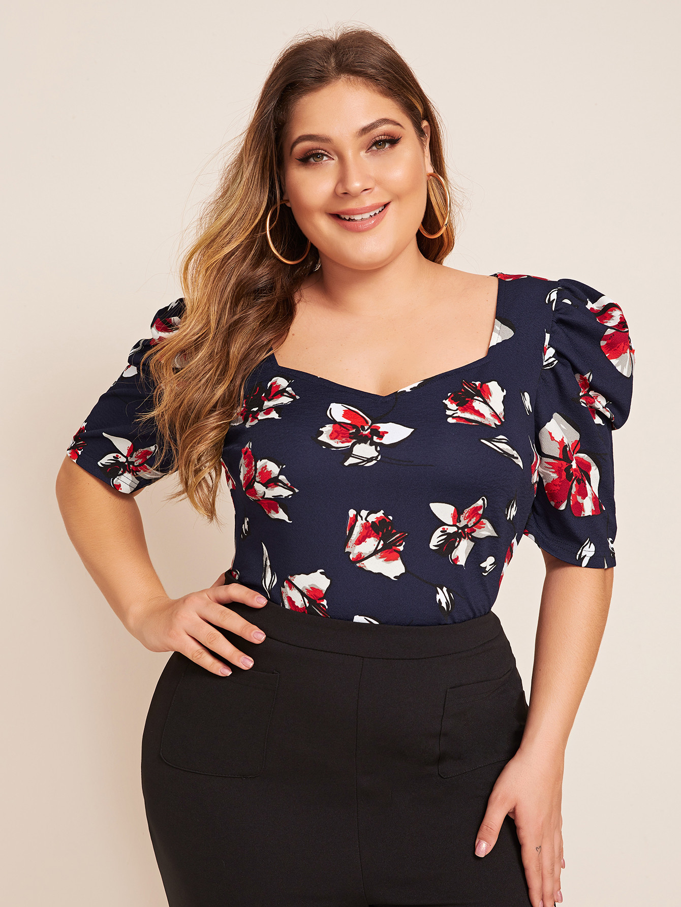 Plus Puff Sleeve Floral Print Top