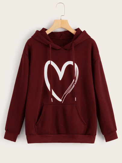 Heart Print Kangaroo Pocket Drawstring Hoodie