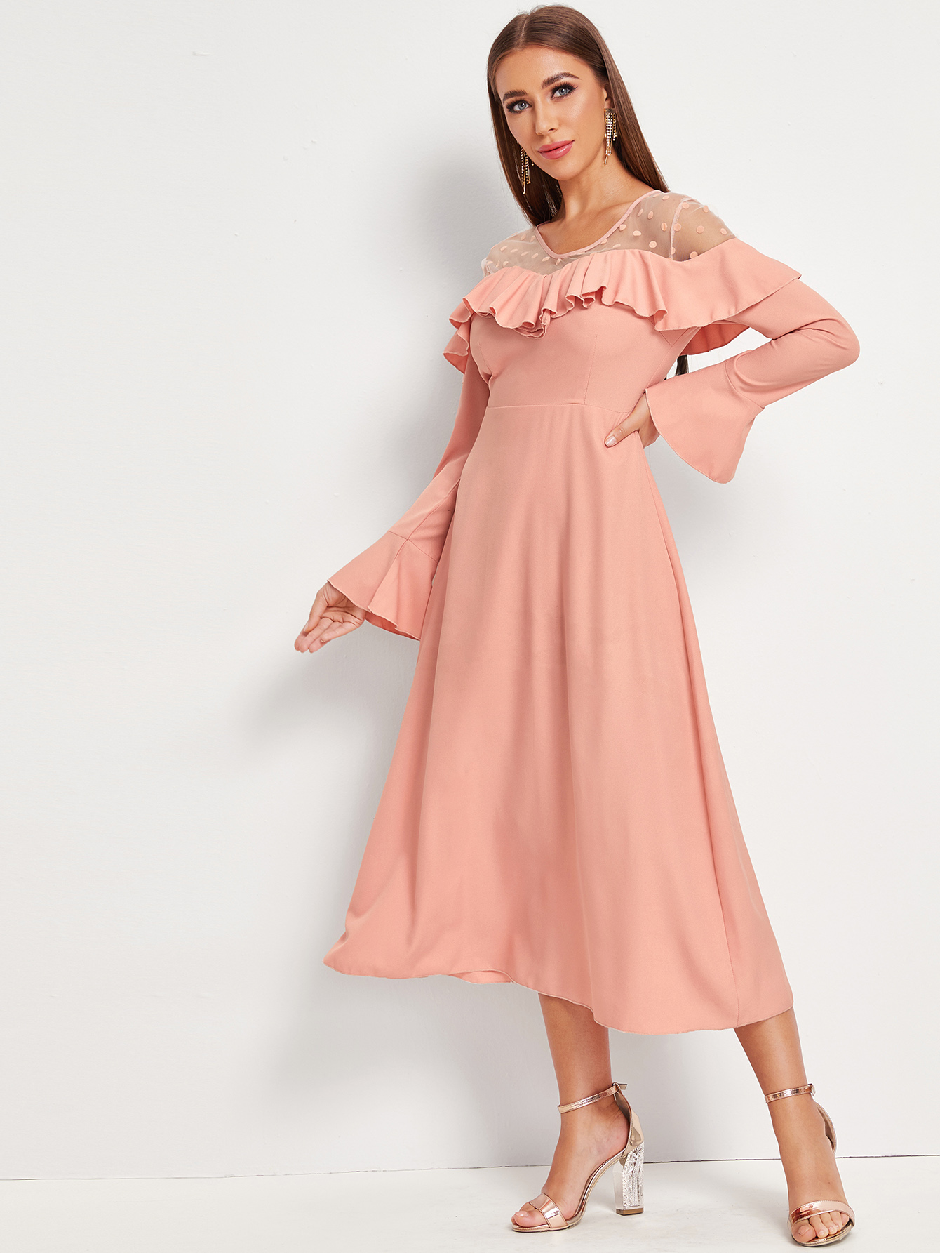 Contrast Dobby Mesh Ruffle Trim A-line Dress