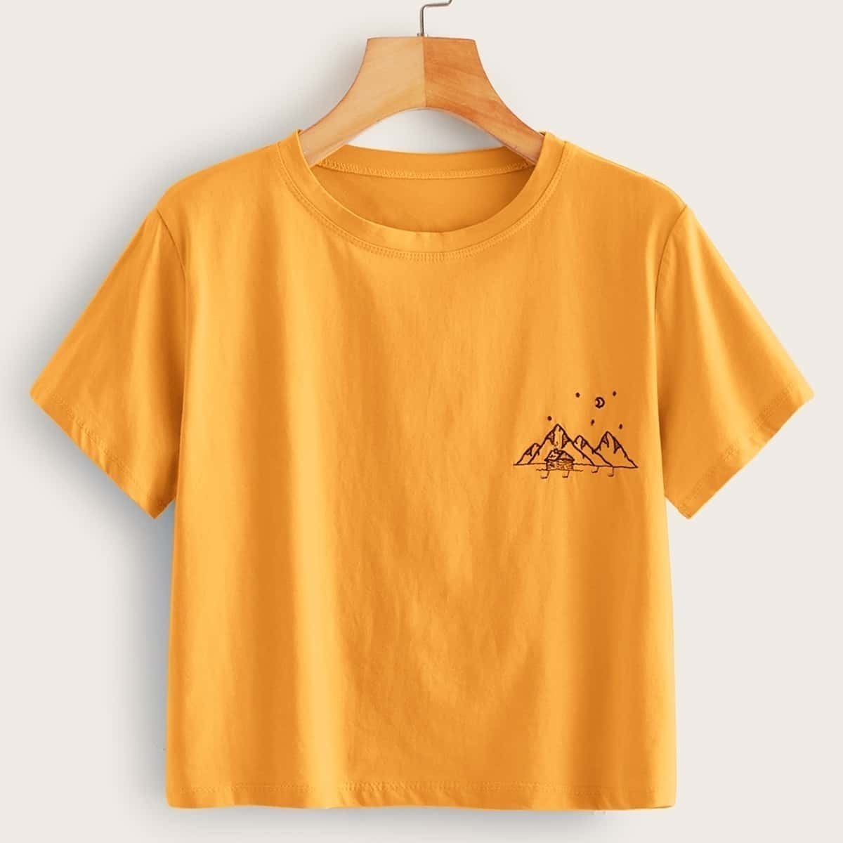 Mountain Embroidery Short Sleeve Tee, Yellow bright 
Mountain Embroidery Short Sleeve Tee, Yellow bright