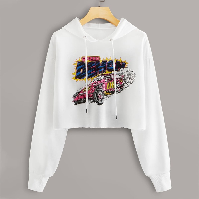 Letter & Car Print Drawstring Crop Hoodie, White 
Letter & Car Print Drawstring Crop Hoodie, White