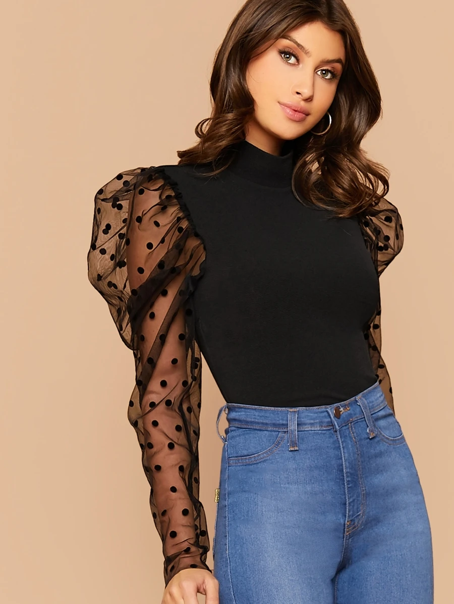 SHEIN Dobby Mesh Gigot Sleeve Mock-neck Slim Top